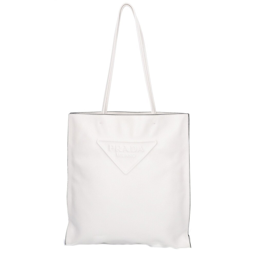 PRADA 1BG429 Smooth Leather Embossed Logo Triangle Plate Tote Bag White Silve...
